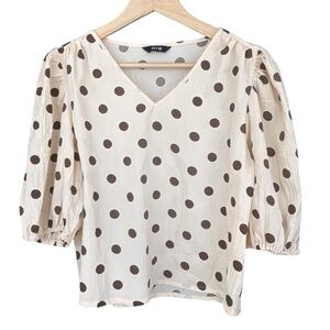 Women's Ivory Brown Polka Dot Puff Sleeve Top Parisian Latte Girl Cottagecore M